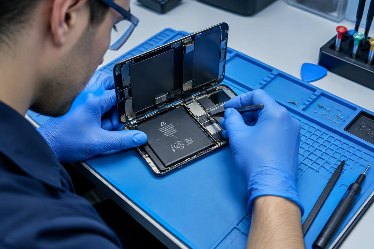 Techniker repariert ein geöffnetes Gerät in der Werkstatt